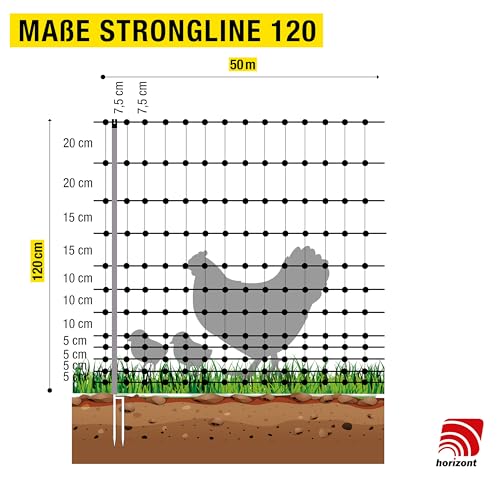 horizont Hühnerzaun strongLine 50m - Mobiler Geflügelzaun 120cm hoch, 15 Fiberglaspfähle, ideal für Garten und Tierhaltu