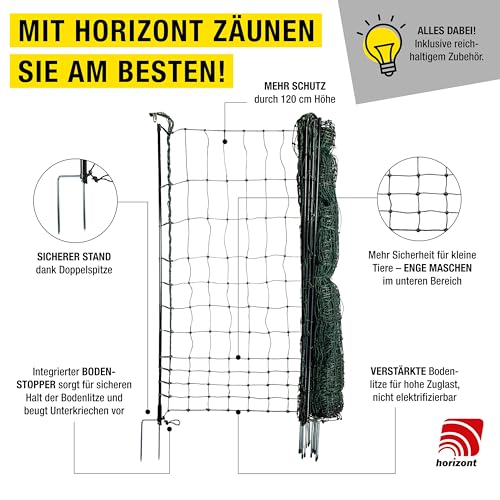horizont Hühnerzaun strongLine 50m - Mobiler Geflügelzaun 120cm hoch, 15 Fiberglaspfähle, ideal für Garten und Tierhaltu