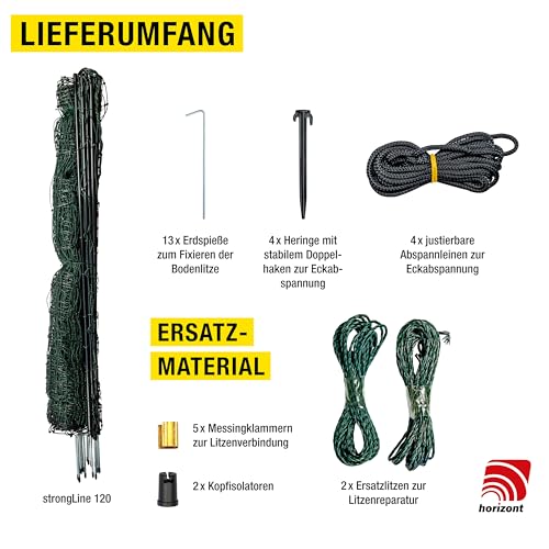 horizont Hühnerzaun strongLine 50m - Mobiler Geflügelzaun 120cm hoch, 15 Fiberglaspfähle, ideal für Garten und Tierhaltu