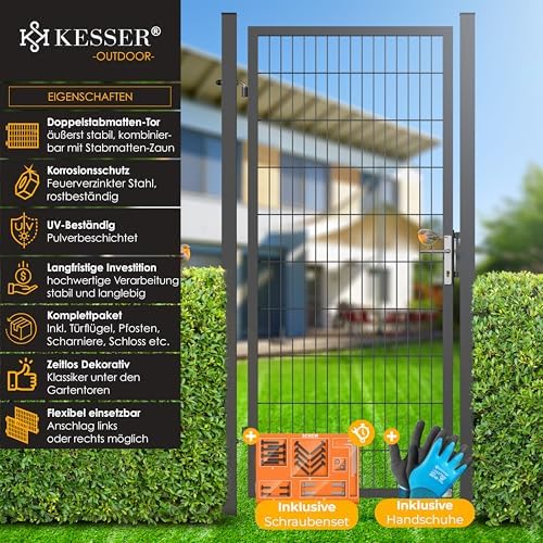 KESSER® Premium Gartentor aus verzinktem Stahl – Stilvolle Gartentür für Zaun & Hof, inkl. Schloss und Pfosten, 100 x 10
