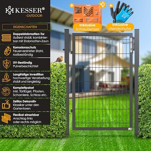 KESSER® Premium Gartentor aus verzinktem Stahl – Stilvolle Gartentür für Zaun & Hof, inkl. Schloss und Pfosten, 100 x 10