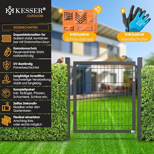 KESSER® Premium Gartentor aus verzinktem Stahl – Stilvolle Gartentür für Zaun & Hof, inkl. Schloss und Pfosten, 100 x 10