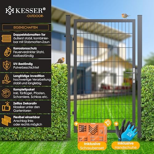KESSER® Premium Gartentor aus verzinktem Stahl – Stilvolle Gartentür für Zaun & Hof, inkl. Schloss und Pfosten, 100 x 10