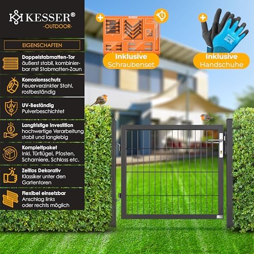 KESSER® Premium Gartentor aus verzinktem Stahl – Stilvolle Gartentür für Zaun & Hof, inkl. Schloss und Pfosten, 100 x 10